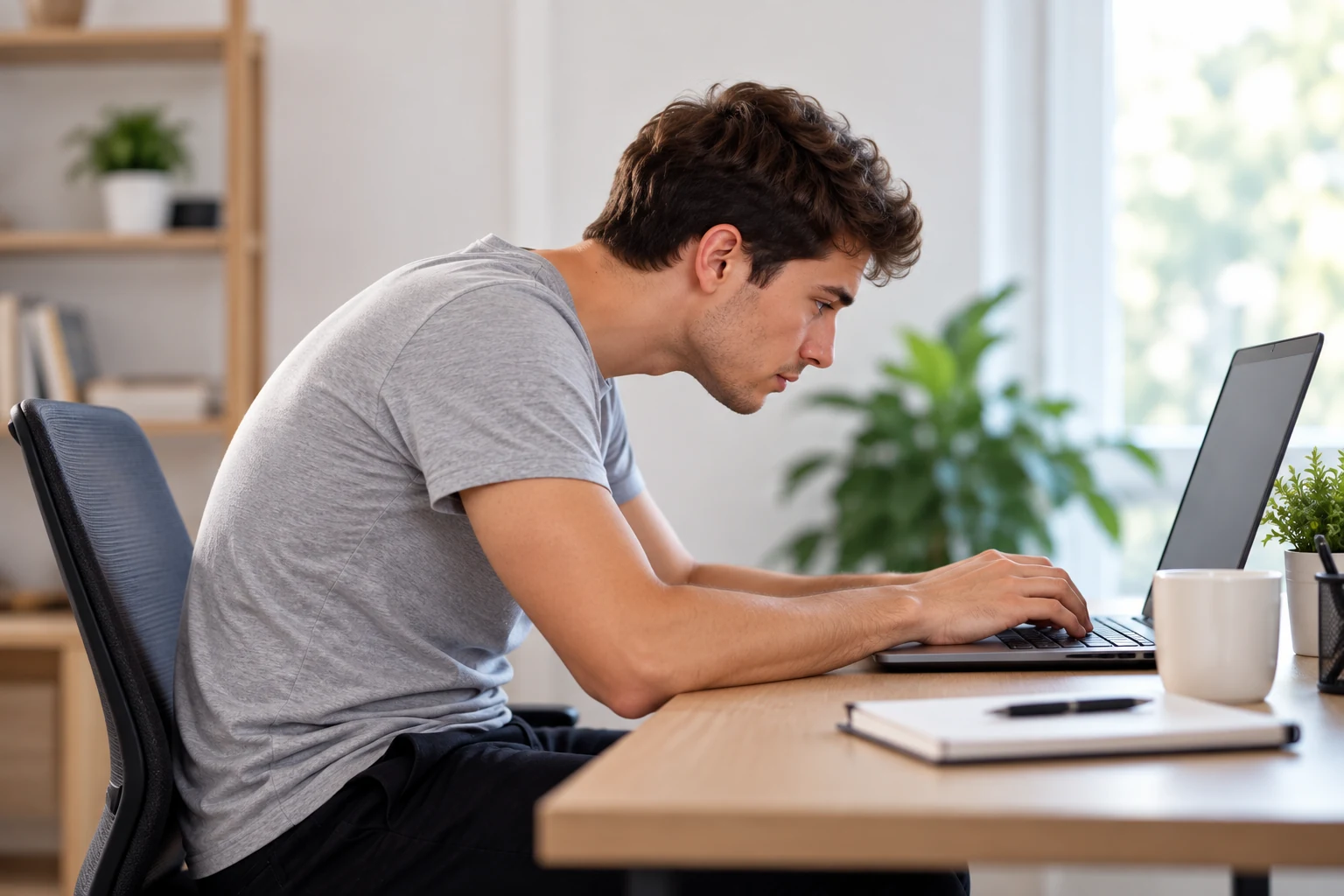 Person leaning forward while working on a laptop.