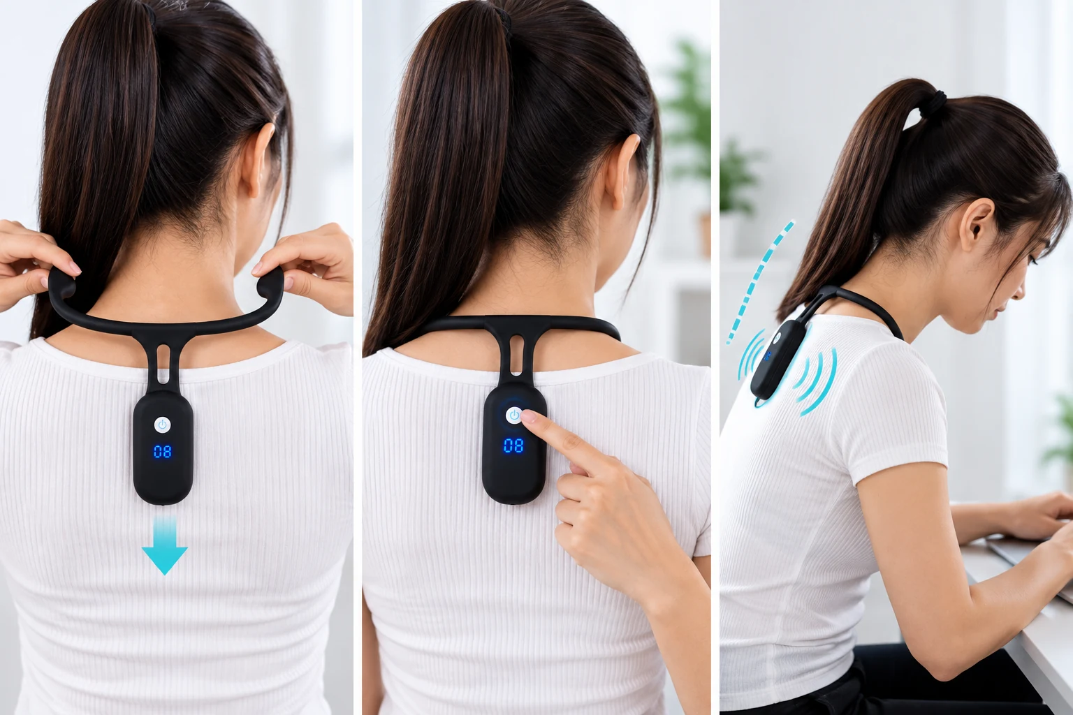 Three views showing how to wear, activate, and respond to AlignHabit.