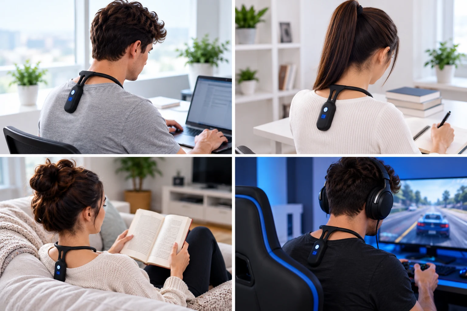 People wearing AlignHabit while working, studying, reading, and gaming.