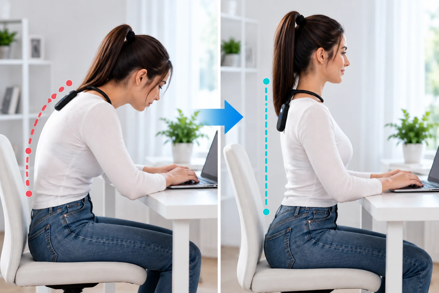 Illustration contrasting slouching and upright seated posture.