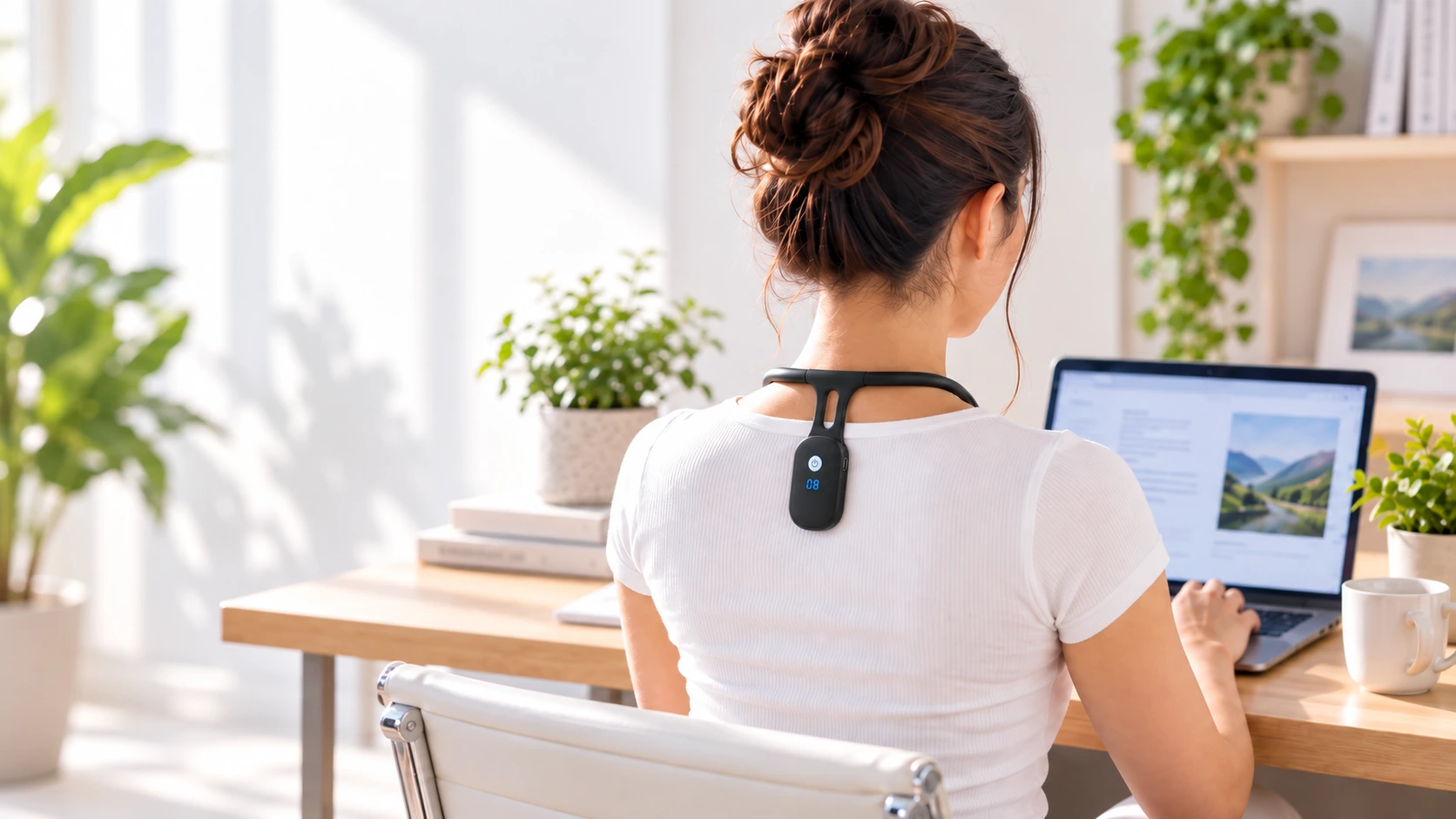 Person wearing AlignHabit while working at a bright home-office desk.