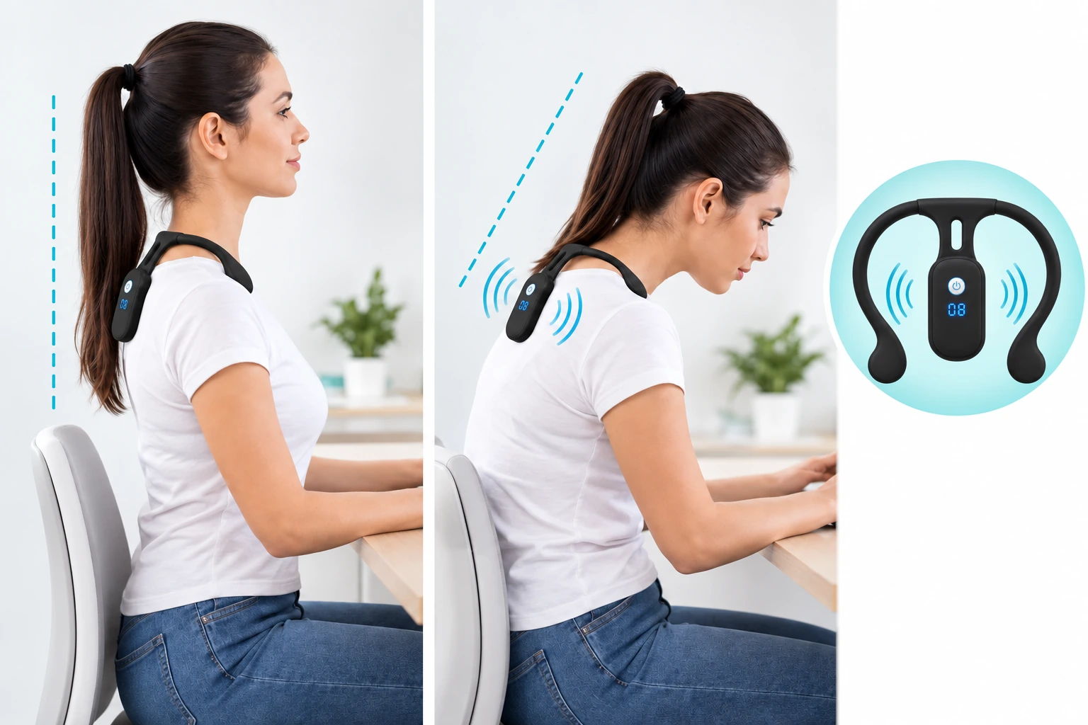 Illustration of upright posture, slouching, and the vibration reminder.