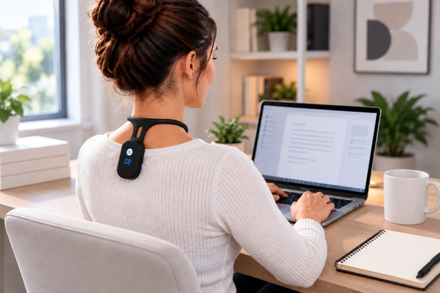 Person wearing AlignHabit while seated upright at a desk.