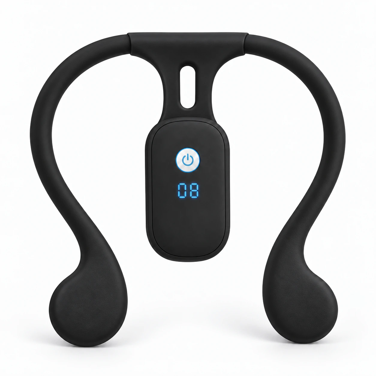 AlignHabit reminder in its ON state, with rounded neckband ends and blue display.